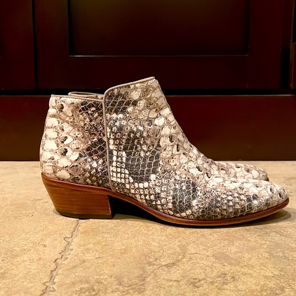 Sam Edelman snakeskin print leather ankle boots.